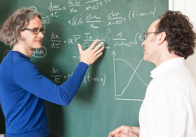 Dr. Ingmar Glauche und Prof. Ingo Röder besprechen ihr Modell an einer Tafel. 